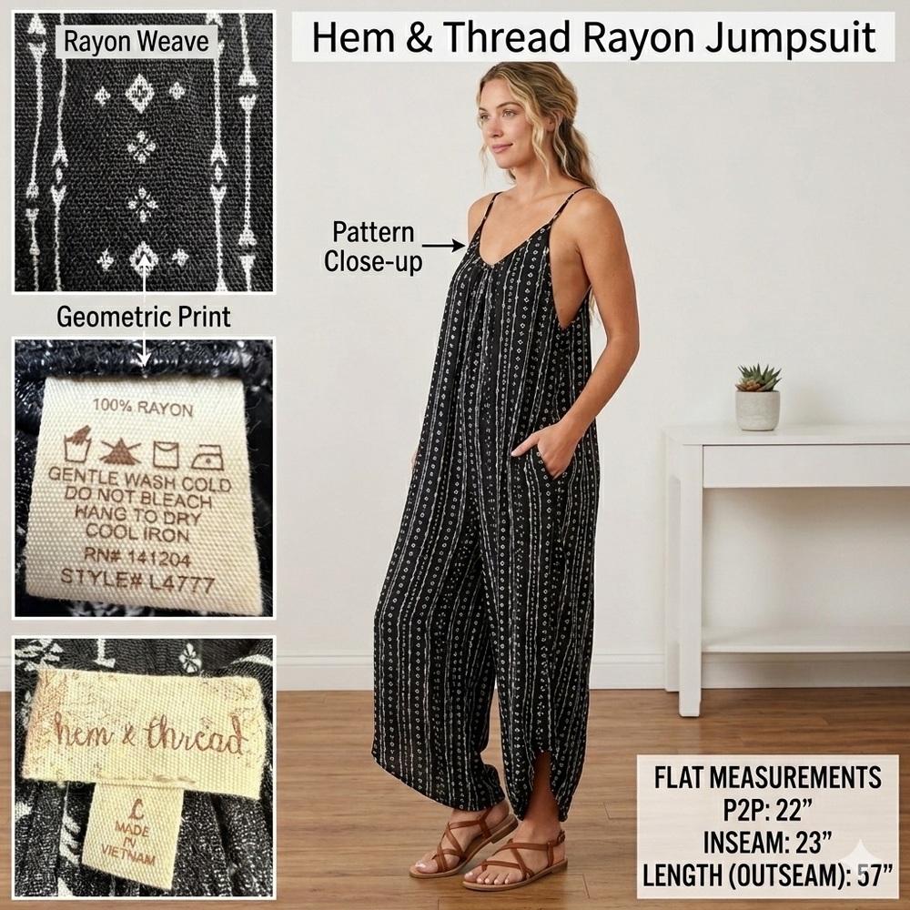 Hem & Thread Black Geometric Rayon Jumpsuit